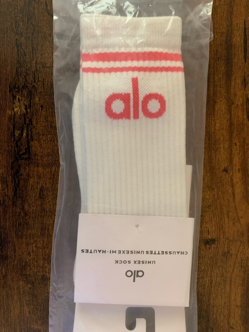 ALO Yoga White Crew Socks with Pink Logo and Stripe